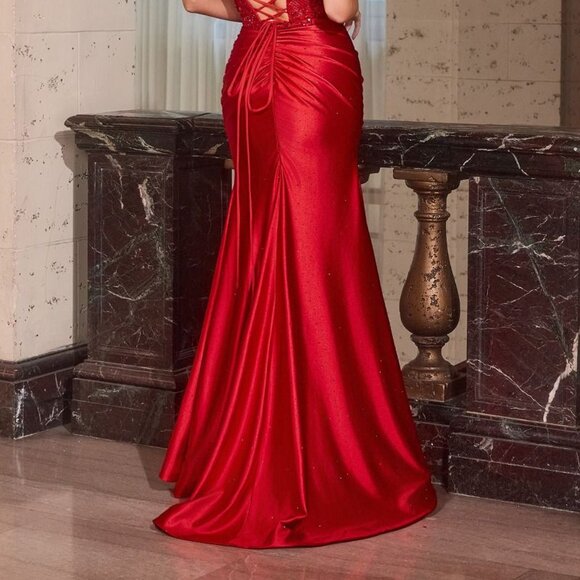 New Red Beads Embellished Evening Gown w/ Lace Bodice & Floral Accent CD CM386 - Picture 12 of 12